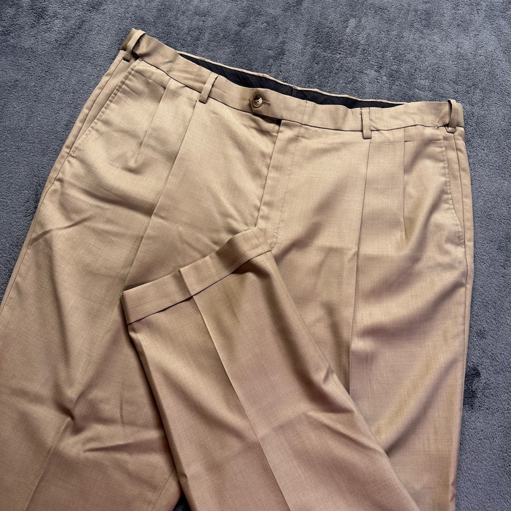 Roundtree & Yorke Dress Pants Mens 42x30 Tan Pleated 100% Wool Cuffed Trousers